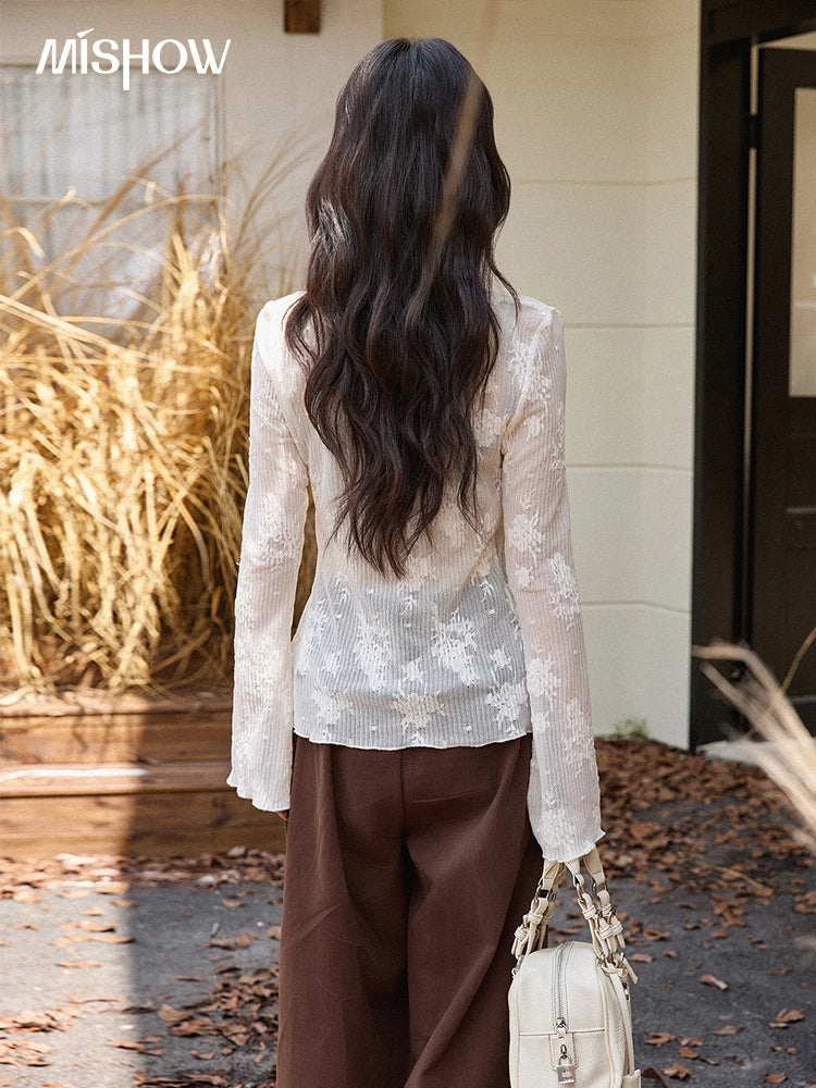 MISHOW White Shirt Women 2025 Autumn New French Romantic Sexy Slim Flared Sleeves Top Commute Luxury Lace Shirt  MXE49X2511
