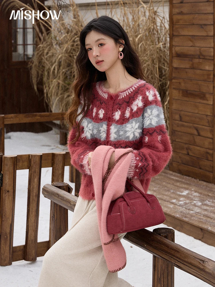 MISHOW Christmas Retro Red Imitation Mink Fur Soft Cardigan 2025 Winter Snowflake Jacquard Sweater Round Neck Tops MXE91Z2801