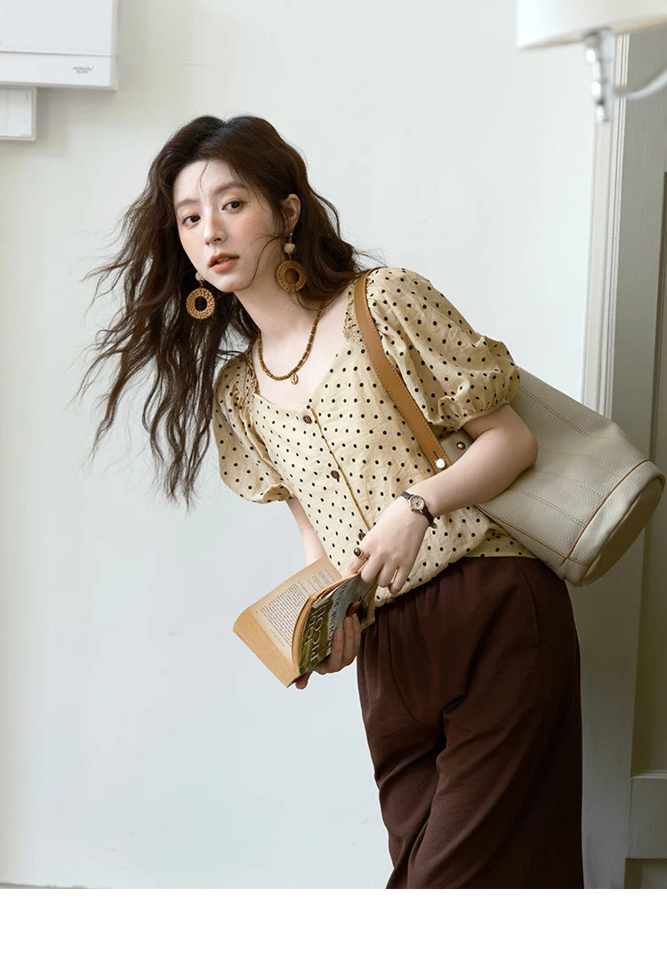 MISHOW Women's Polka Dot Puff Sleeve Blouse 2025 Summer New Ladies Button Retro Sweet V-neck Top Women's Clothing MXE37X1859