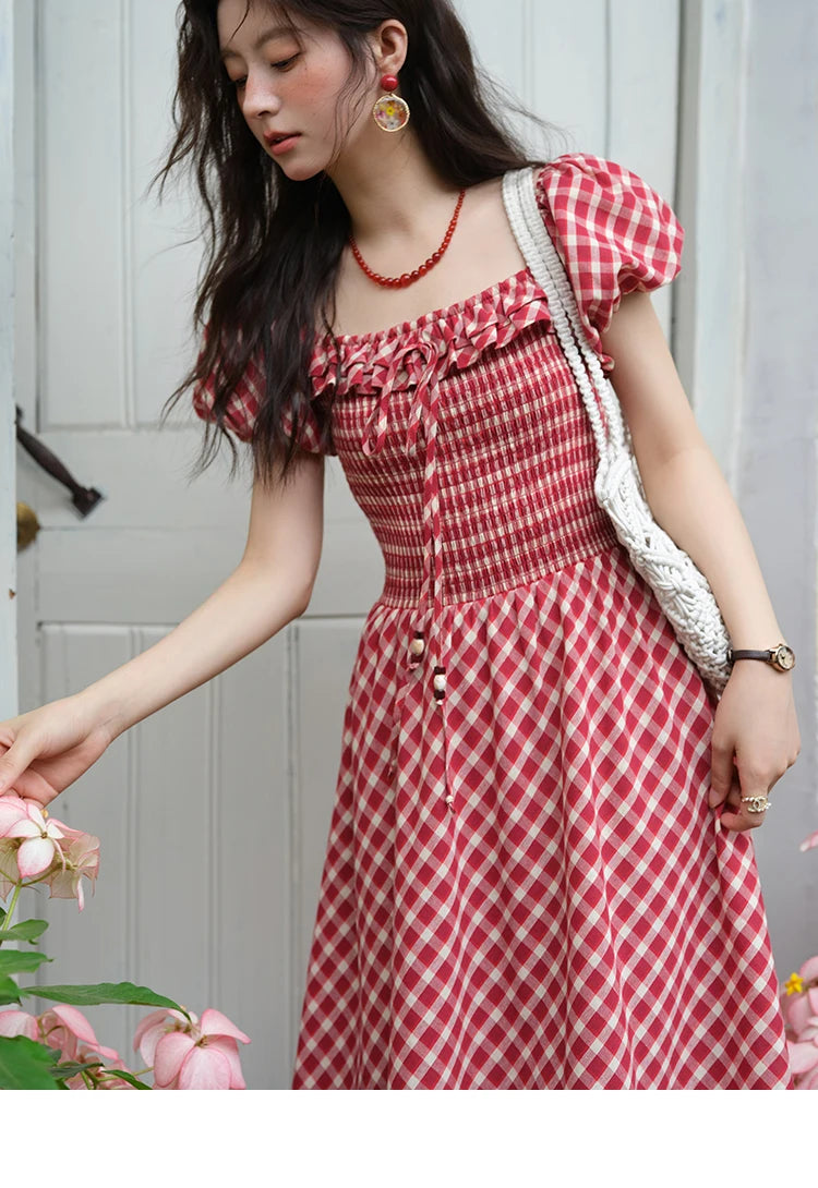 MISHOW Women's Retro Red Plaid Dress 2025 Summer New Square Neck Lace Up Hollow Out Spliced Dresses Women's Clothing MXE39L2324