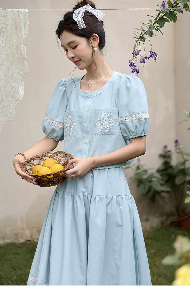 MISHOW Blue Pocket Patchwork Lace Shirt Elastic Waist Skirt Separately 2024 Summer Korean Round Neck Top Sweet Skirts MPD22B0450