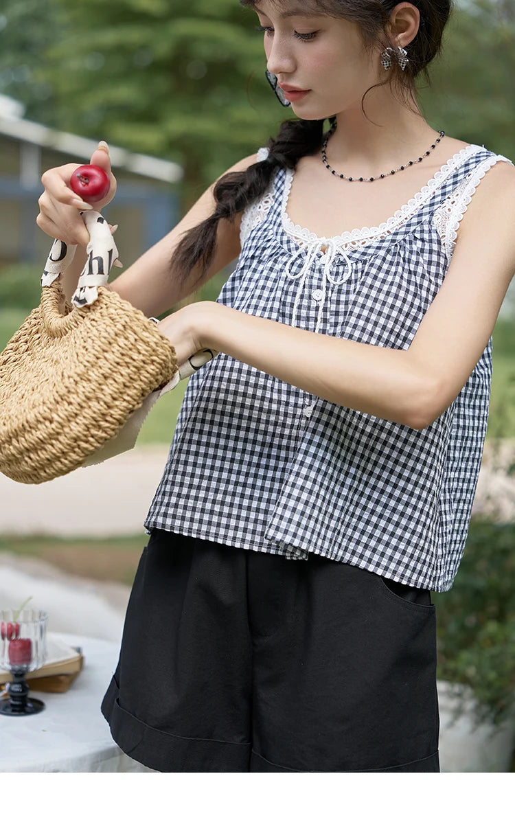 MISHOW French Sweet Lace Plaid Suspender Vest Women 2025 Summer Loose Fit U Neck Lace-up Blouses Sleeveless Doll Top MXD26X1567