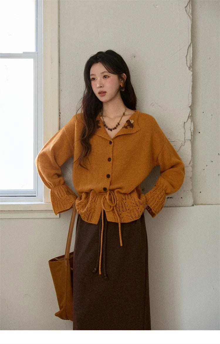 MISHOW Orange Cardigan Women 2025 Winter Retro Openwork Crochet Pattern Knit Top Loose Warm Flared Sleeves Sweater MXE87Z2685