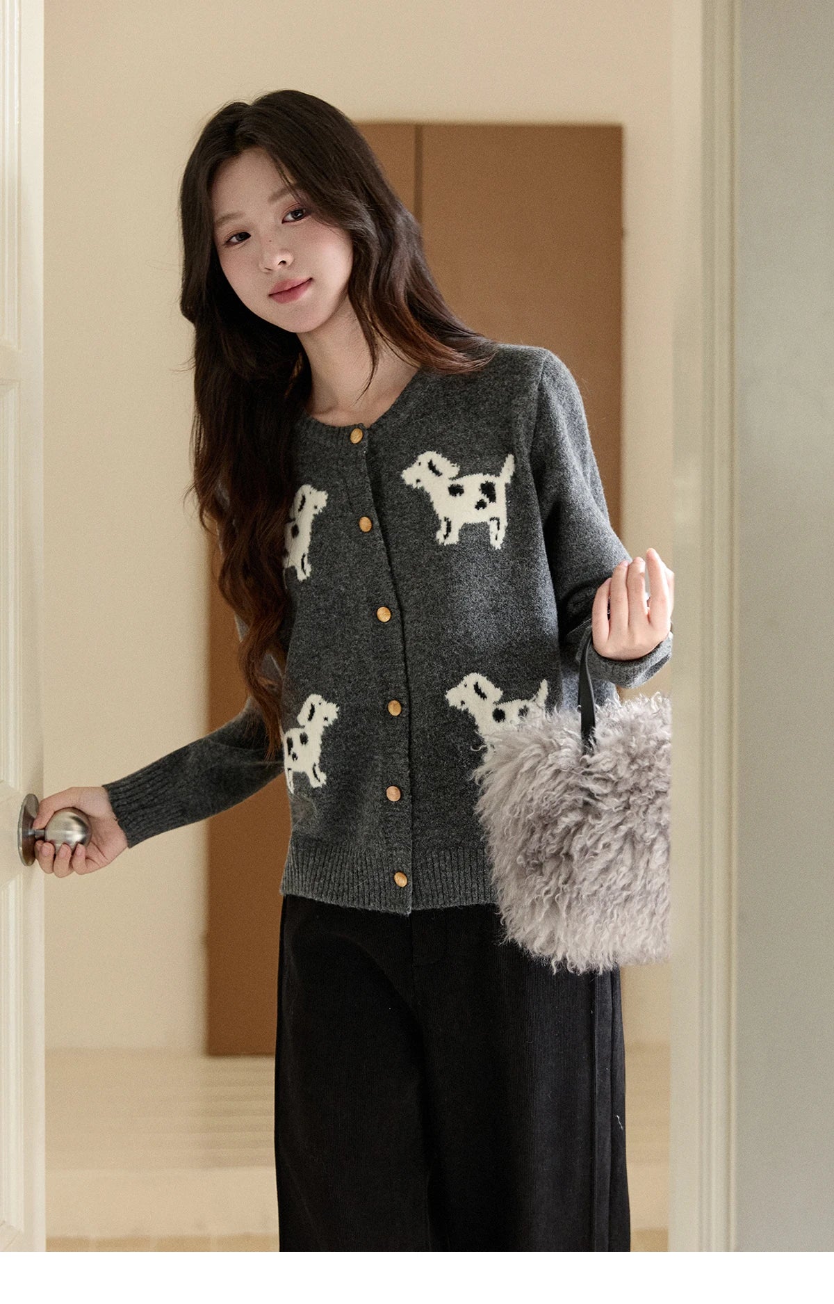MISHOW Women's Puppy Jacquard Knit Cardigan 2025 Winter Single-breasted Crew Neck Top Warm Loose Sweaters Office Lady MXE93Z2950