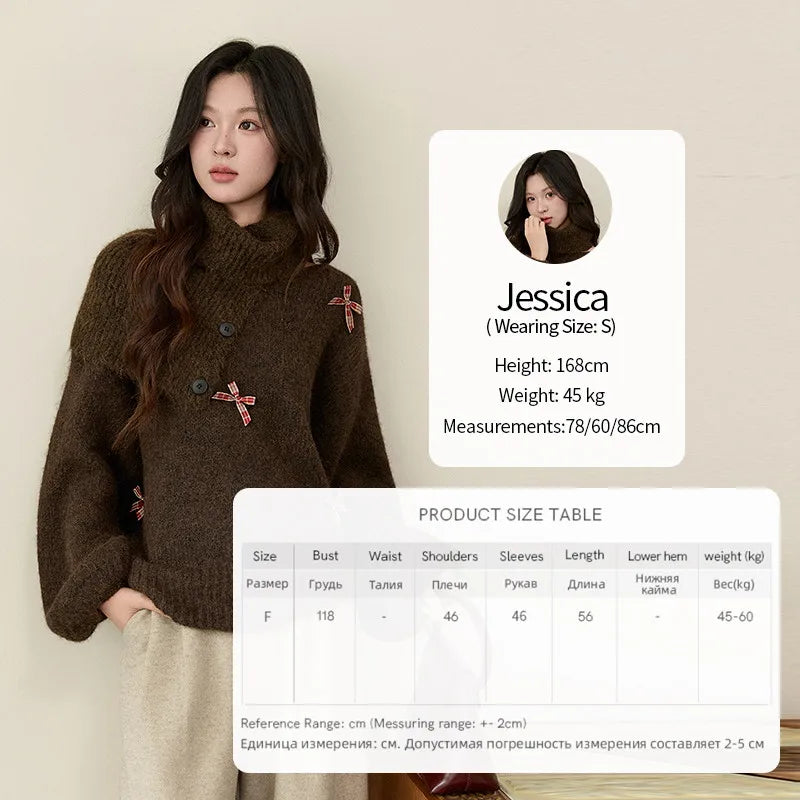 MISHOW Women's French Retro Plaid Bow Sweater 2025 Winter Detachable Shawl Collar Thick Lantern Sleeve Knitted Tops MXE93Z2946