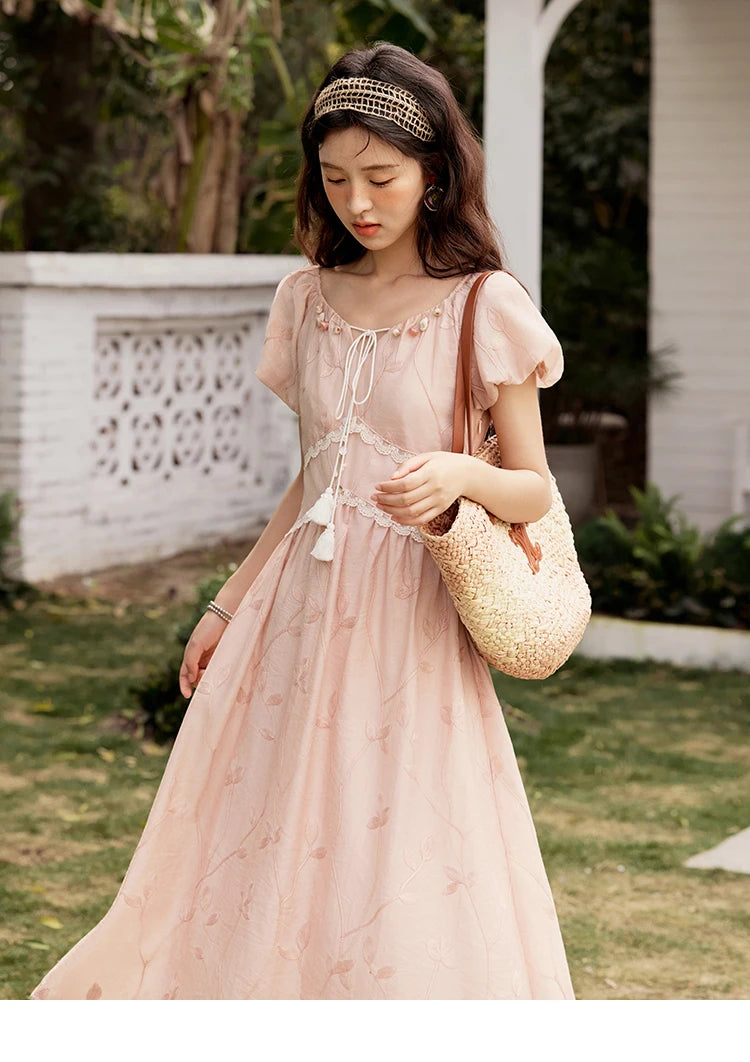 MISHOW Print Office Lady Dress Women Summer 2025 Short Sleeve Round Neck Beaded Neckline Slim Waist Dresses Female MXE33L2208