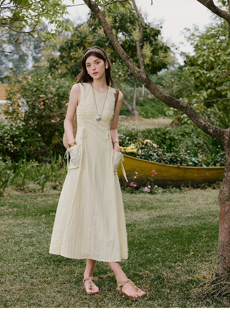 MISHOW Office Lady Summer Dress Women New 2025 Sleeveless Round Neck Drawstring Waist with Pockets Slim Dresses Woman MXE34L2228