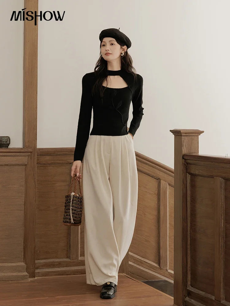 MISHOW Women’s Black Tulip Knitted Sweater French Vintage Hollow Out Sweaters Mock Neck 2024 Fall Elegant Slim Top MXD42Z0731