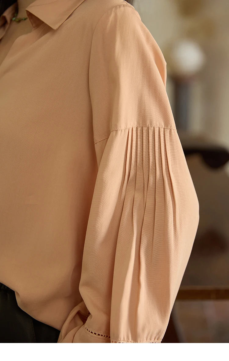 MISHOW Women's Shirt Lantern Sleeve Hollow Out Tops 2025 Autumn Single Breasted Solid Shirts Lapel Shirt Office Lady MXE41C2359