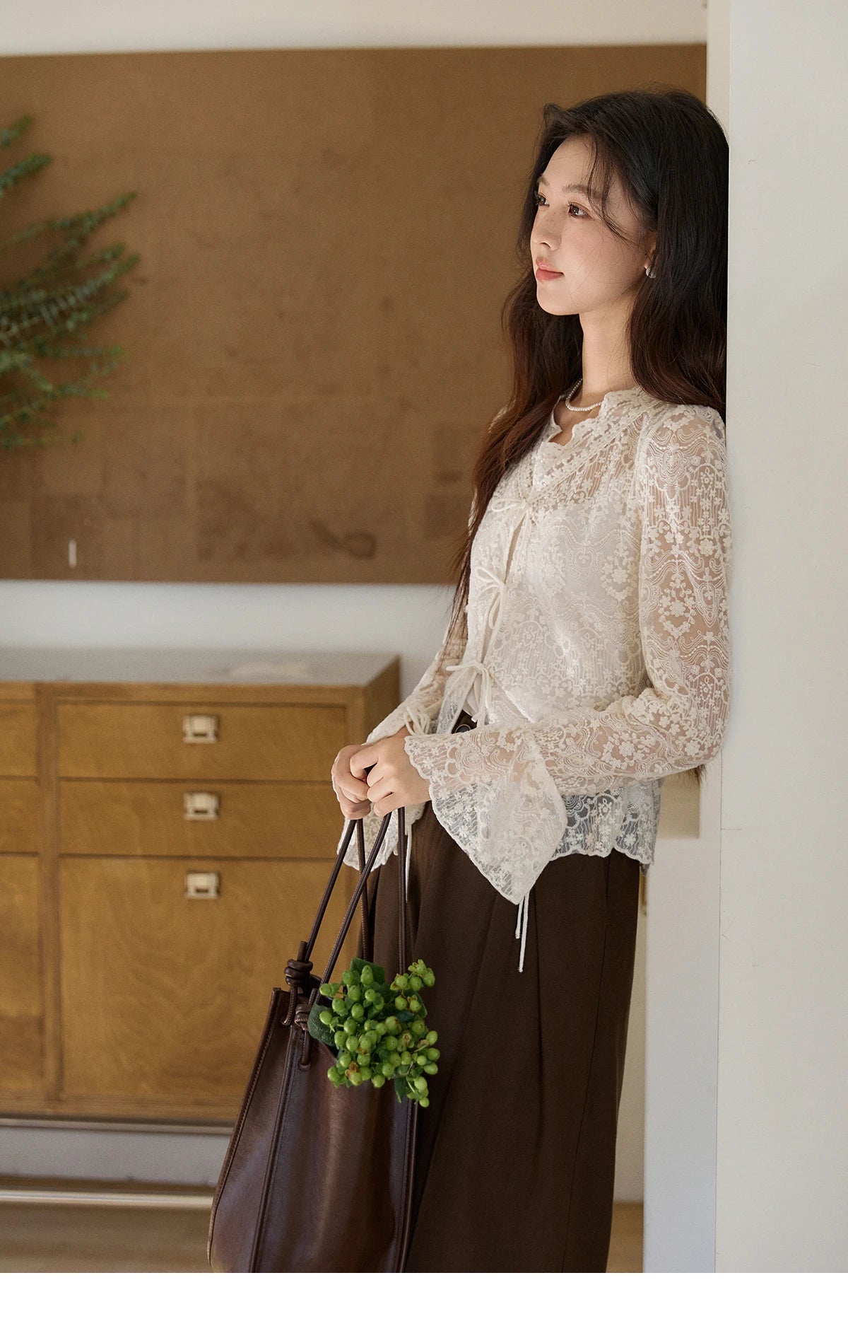 MISHOW Women's Sweet Lace Top Camisole Set Spring Tie Front Flare Sleeve Sheer Casual Elegant Two-Piece Knitwear MXF108X1001