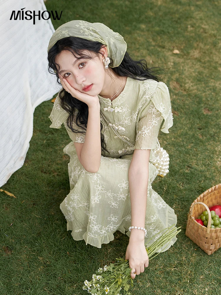 MISHOW Chinese Green Stand Collar Lotus Leaf Overlapping Sleeve Top Hem Stringy Selvedge Skirt Separately 2024 Summer MXD22X1388