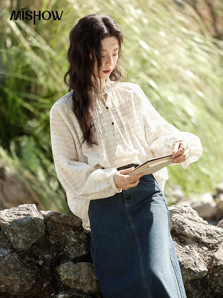 MiSHOW French Striped Blouses Women Spring New 2025 Long Sleeve Lace Collar Shirts Female Fashion Solid Chiffon Tops MXE12C0387