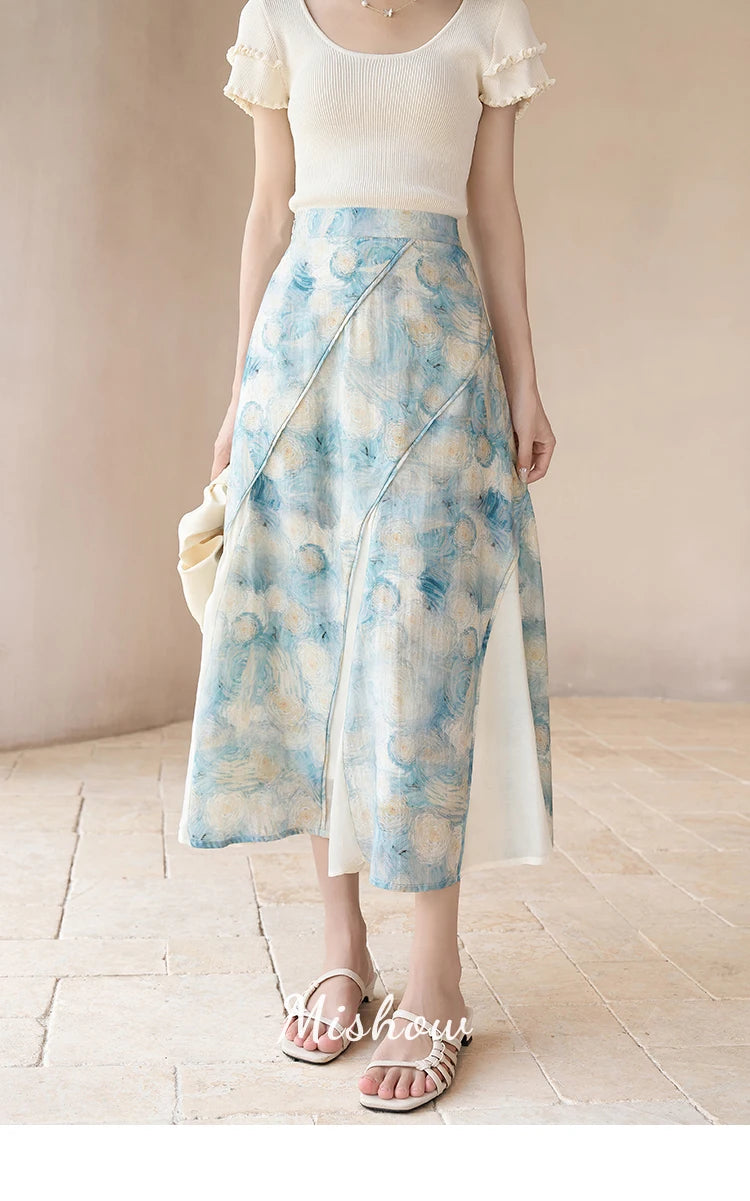 MISHOW French Skirts of Women Fashion 2023 [Van Gogh Collection] Art Pleated High Waist Slim Fit Female A-LINE Skirts MXC39B0095