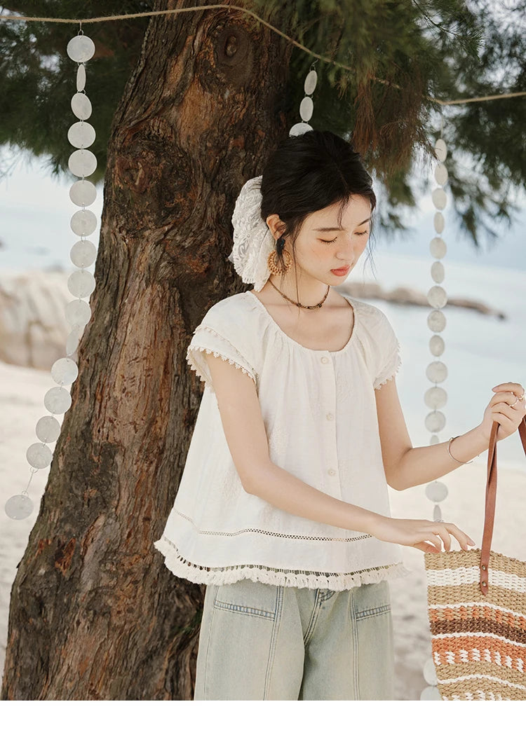 MISHOW Embroidered French Shirt Women Summer 2025 Short Sleeve Round Neck Solid Blouses Female Fashion New Tops Lady MXE33X1744