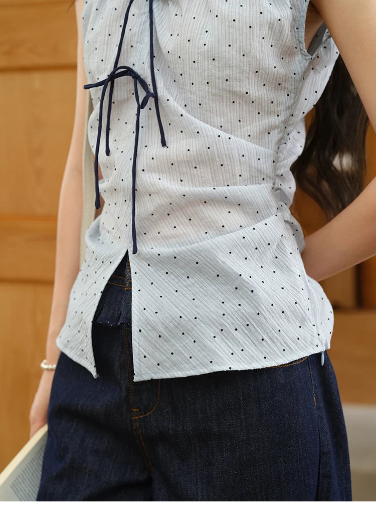 MISHOW Women's Elegant Blouses 2025 Summer Ladies V-Neck Bow Spliced Polka Dot Garment Sleeves Top Female Clothing MXE37X1909