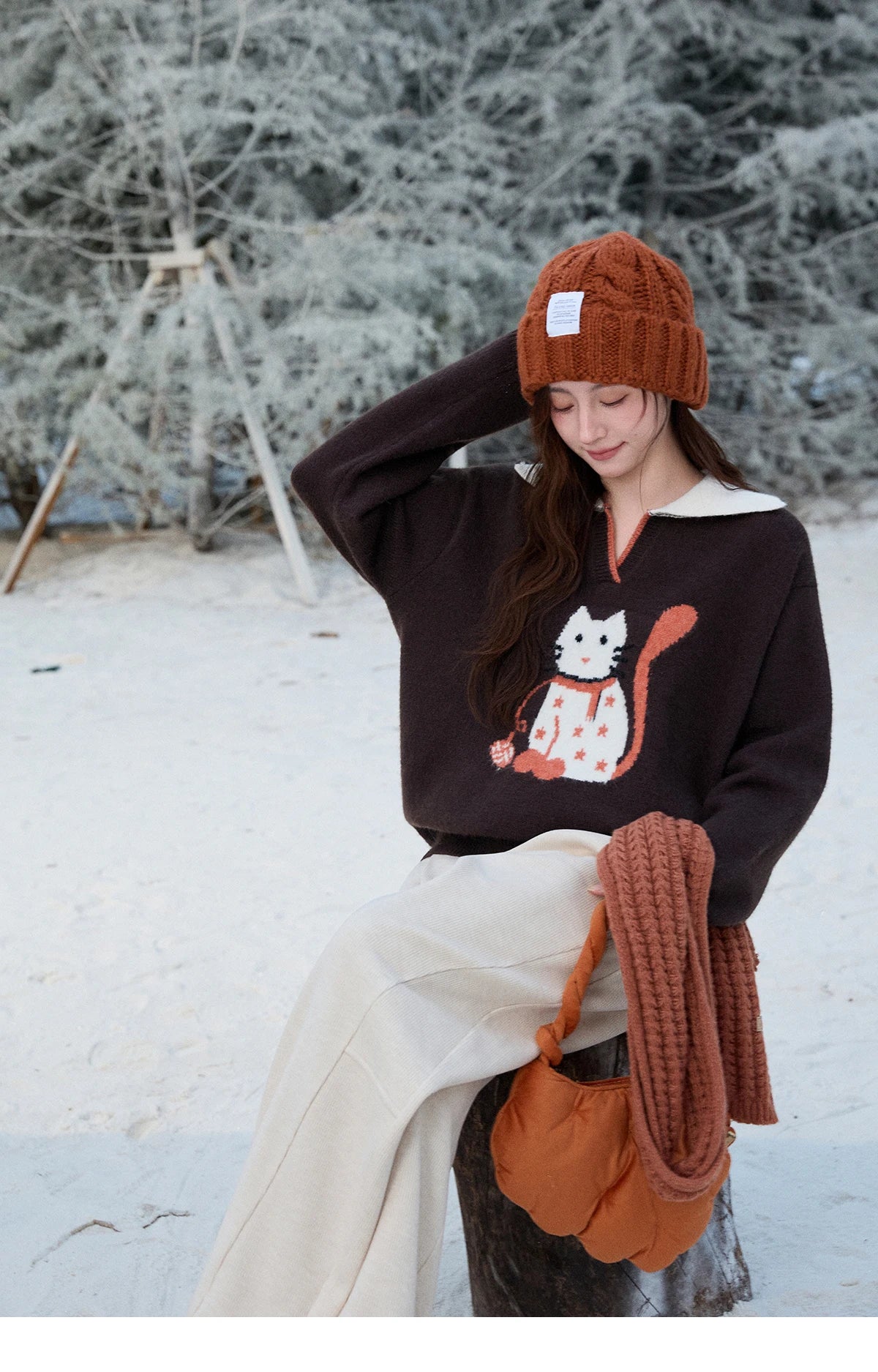 MISHOW Women's Retro Arctic Fleece Cat Sweater 2025 Autumn Winter Color Block Lapel 3D Jacquard Thick Knitted Top MXE90Z2835