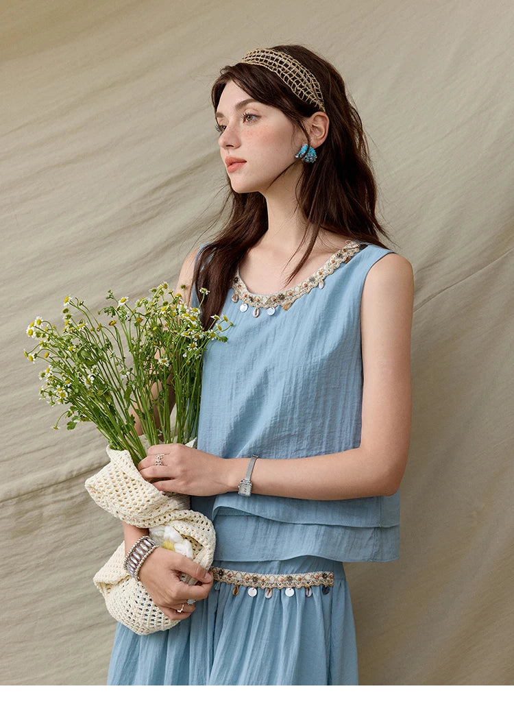 MISHOW Office Lady Summer Vest Skirt Sets Women 2025 Sheel Ribbon Solid Round Neck Tops Loose High Waist Skirt Female MXE32T0556