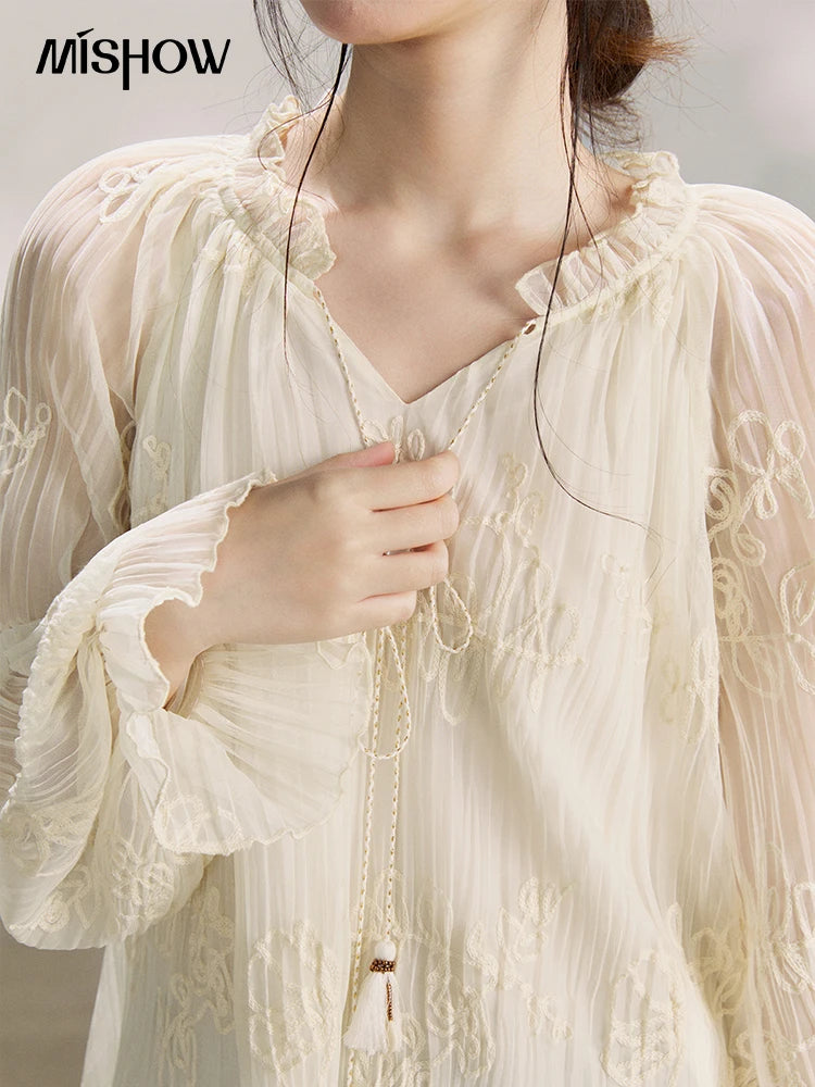 MISHOW Women's Tassel Tie Flower Embroidered Blouse 2026 Spring V-Neck Lantern Sleeves Top Casual Loose Sheer Blouses MXF13X2525