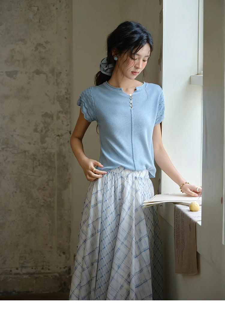 MISHOW Sheep Wool Knitted T-shirt for Women 2025 Summer New Button O-Neck Short Sleeve Blue Top Female Clothing MXE34Z1262