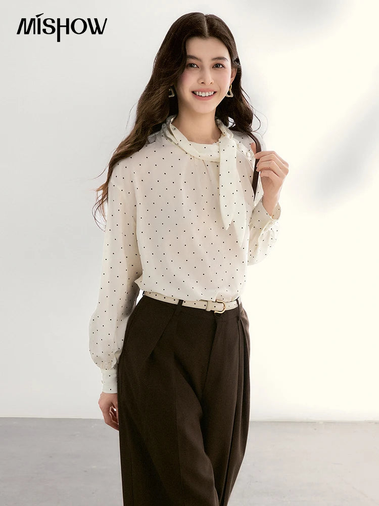 MISHOW Women's White Polka Dot Blouse Spring Bow Tie Neck Sheer Chiffon Blouses Casual Long Sleeve Top Office Lady MXF13X2531