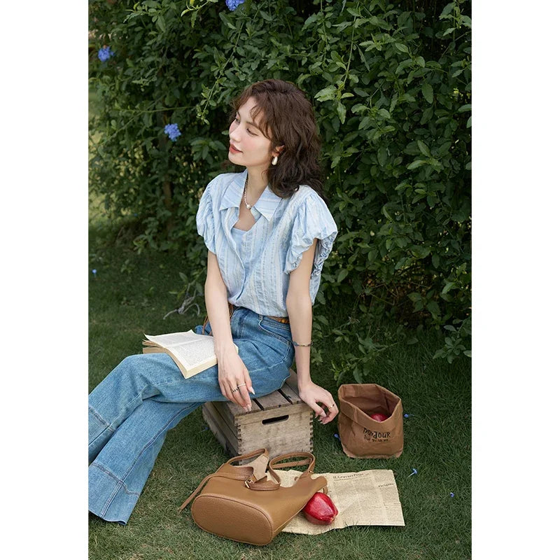 MISHOW Blue Striped Short Sleeve Shirt for Women Summer 2025 Bubble Flower Bud Sleeves Lapel Neck Shirt with Tube Top MXD24C0204