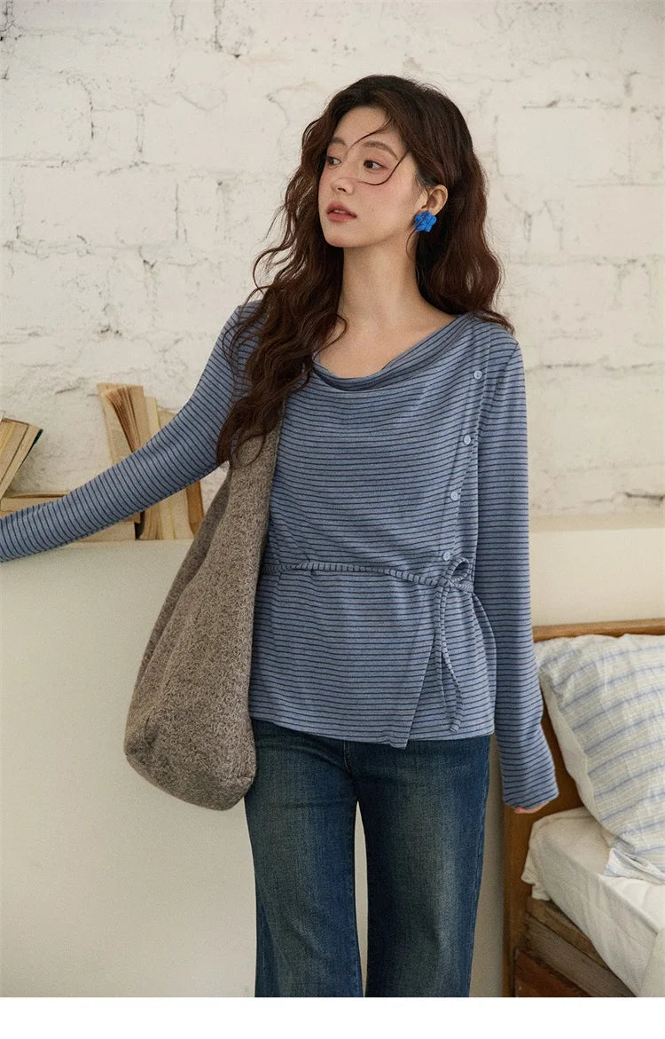 Mishow Retro Crew Neck Tie-Up Striped Top MXE87Z2700