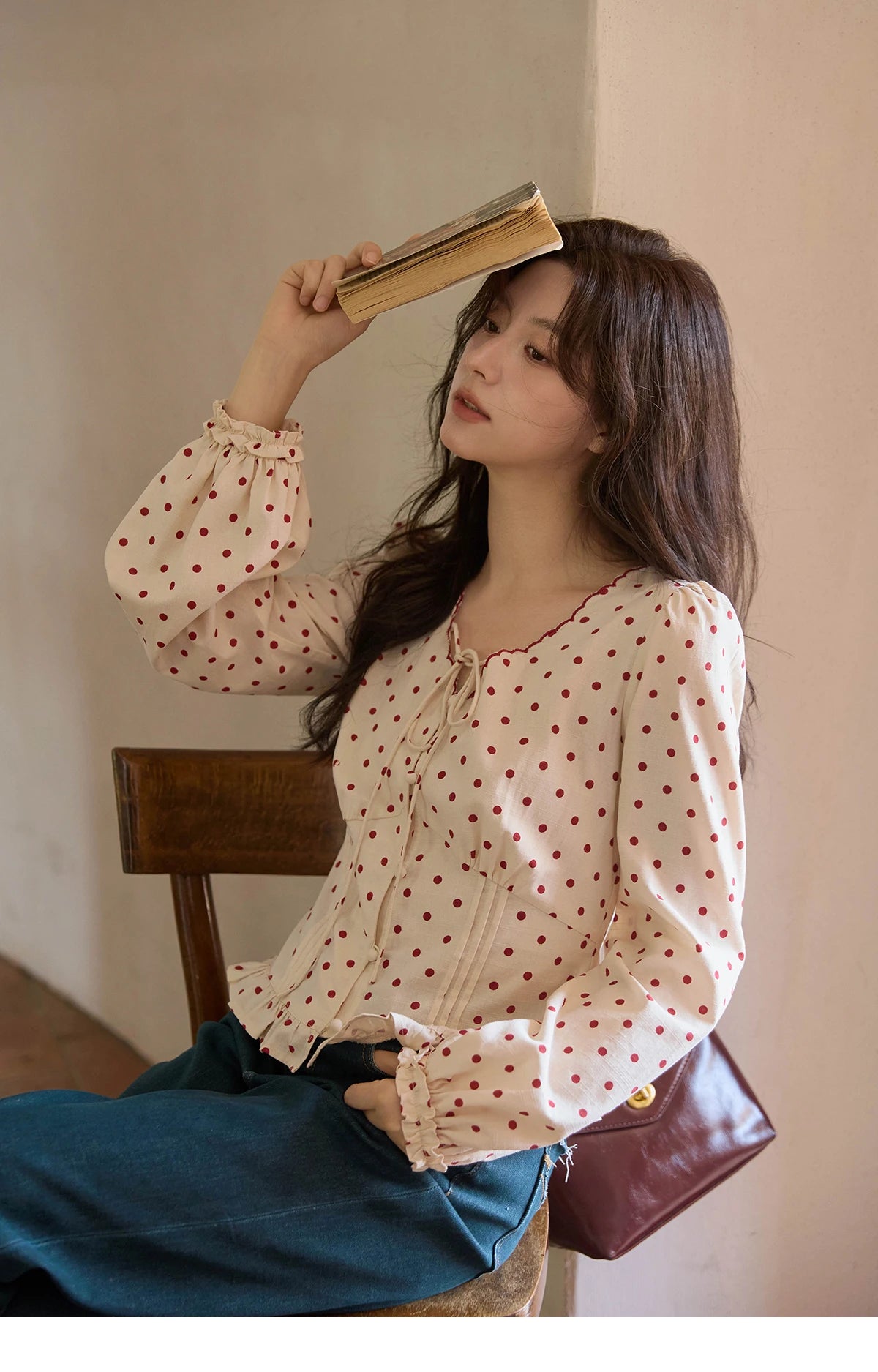 MISHOW Apricot Bottom Red Polka Dot Shirt for Women Autumn 2025 Korean Ruffled Edges Shirts V-neck Lace-up Sweet Top MXE42X1971