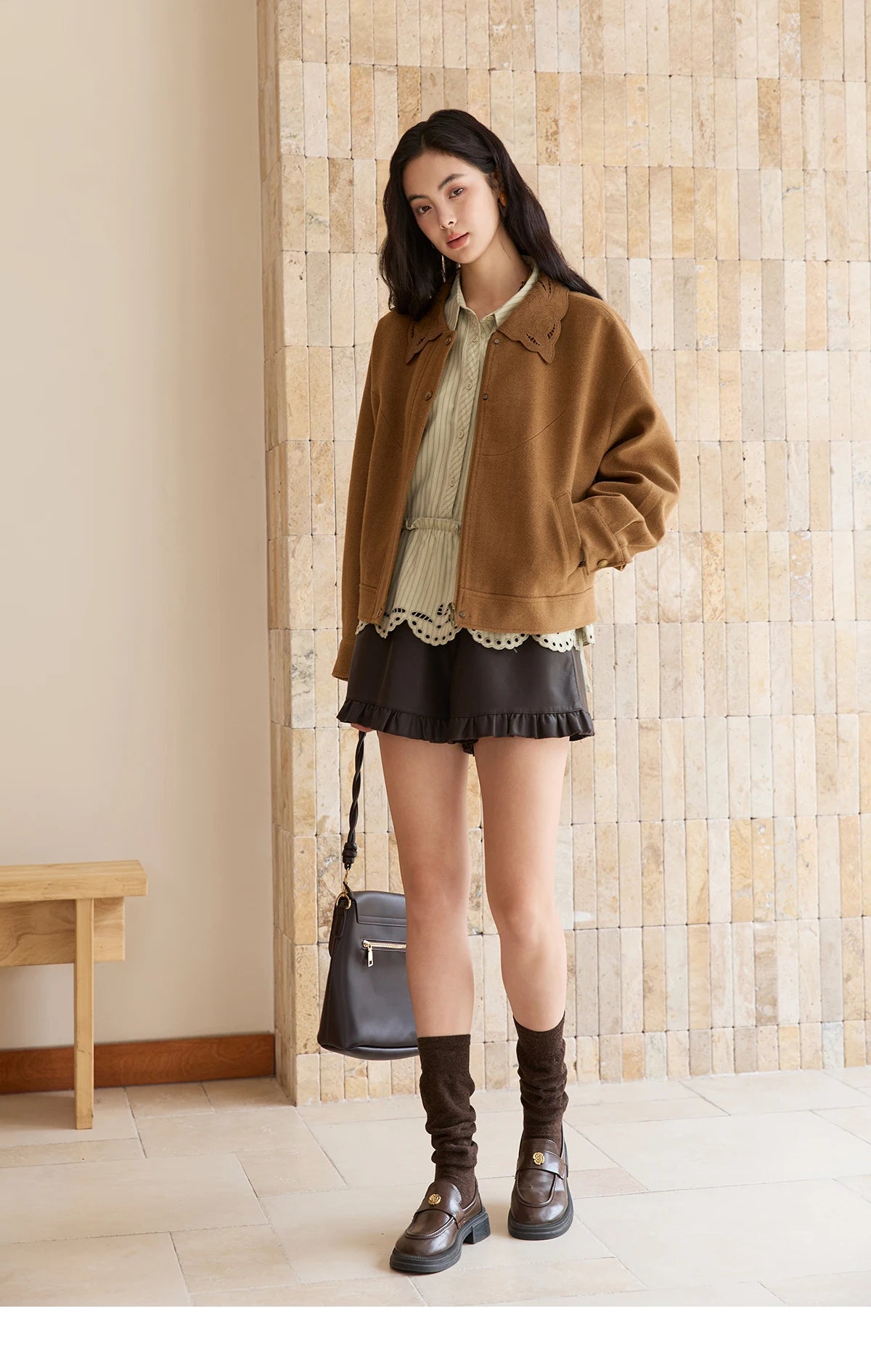 MISHOW Brown Woolen Coat for Women 2025 Winter Hollow Out Embroidery Turn Down Collar Retro Short Loose Casual Coat MXE49W0856