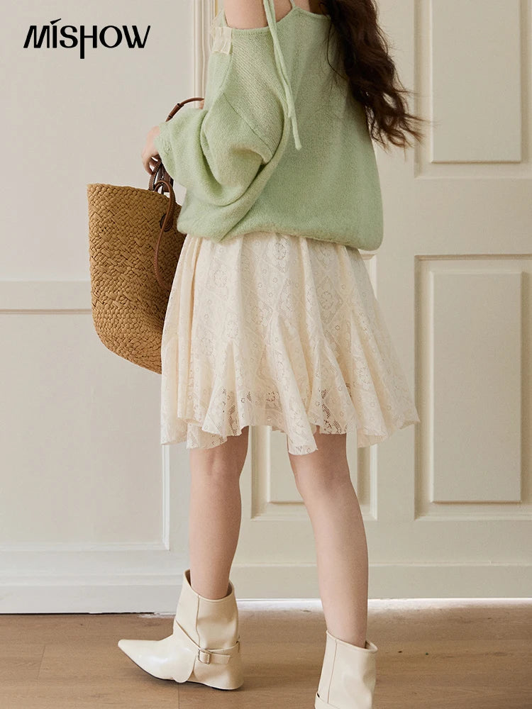 MISHOW Women's Beige Apricot Lace Midi Skirt 2026 Spring High Waist Flowy A-Line Skirts Irregular Romantic Skirt MXF108B0768