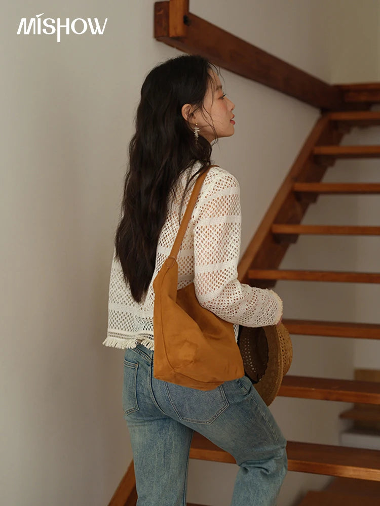 MISHOW Bohemian Lace Hollow Top for Women 2025 Autumn Hem Tassel Lace Breathable Top Beige White Casual Knitted Tops MXE41X2466