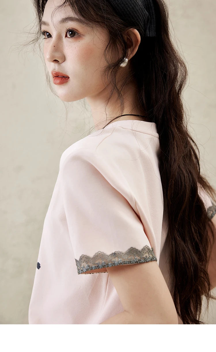 MISHOW Casual Pink Letter T-shrit Women Summer 2025 New Short Sleeve Round Neck Shirts Woman Fashion Lace Tops Lady MXE32T0529