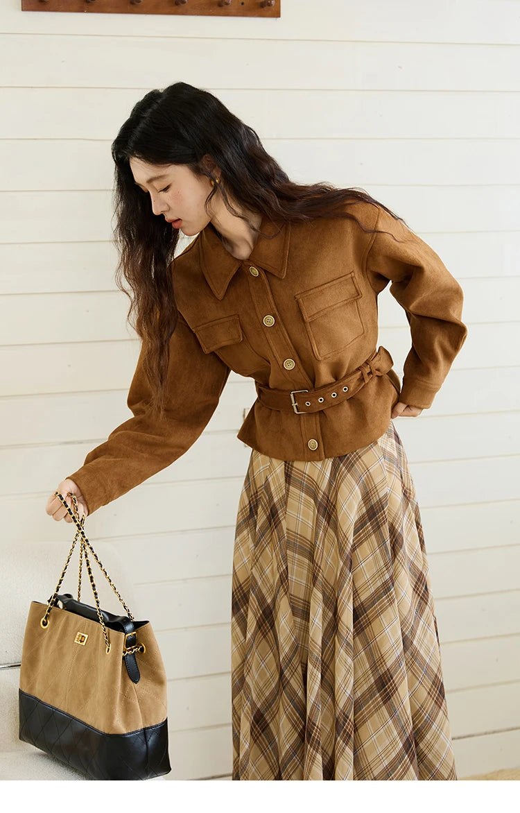 MISHOW Short Jacket for Women 2025 Autumn New Brown Lapel Metal Button Decorated Jacket Windproof Commuter Outerwear MXE46W0864