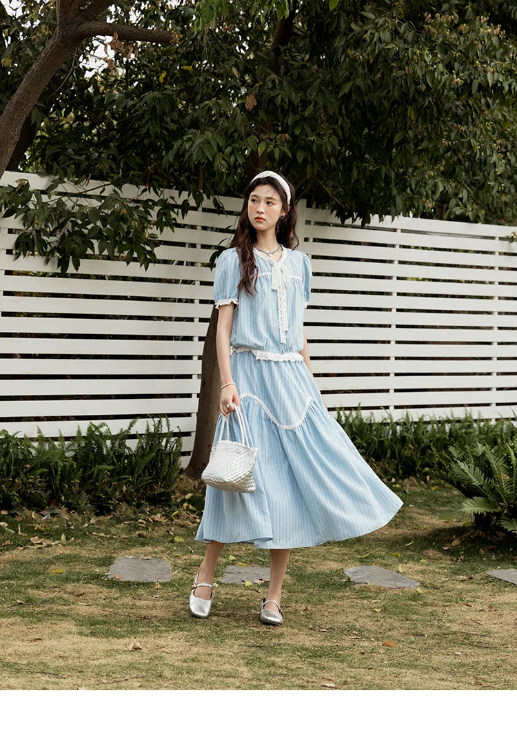 MISHOW Elegant Summer Skirts Sets Women 2025 Short Sleeve V-neck Tops Blue Stripe Lace A-line Skirt Woman Slimming MXE31T0531