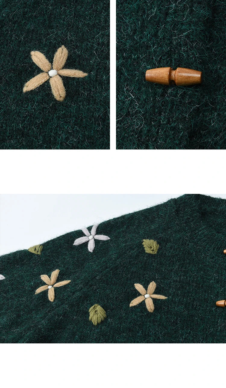 MISHOW Women's Winter Cardigan 2025 New Retro Flower Embroidery Green Knitted Cardigan Casual Long-sleeved Tops MXE86Z2729
