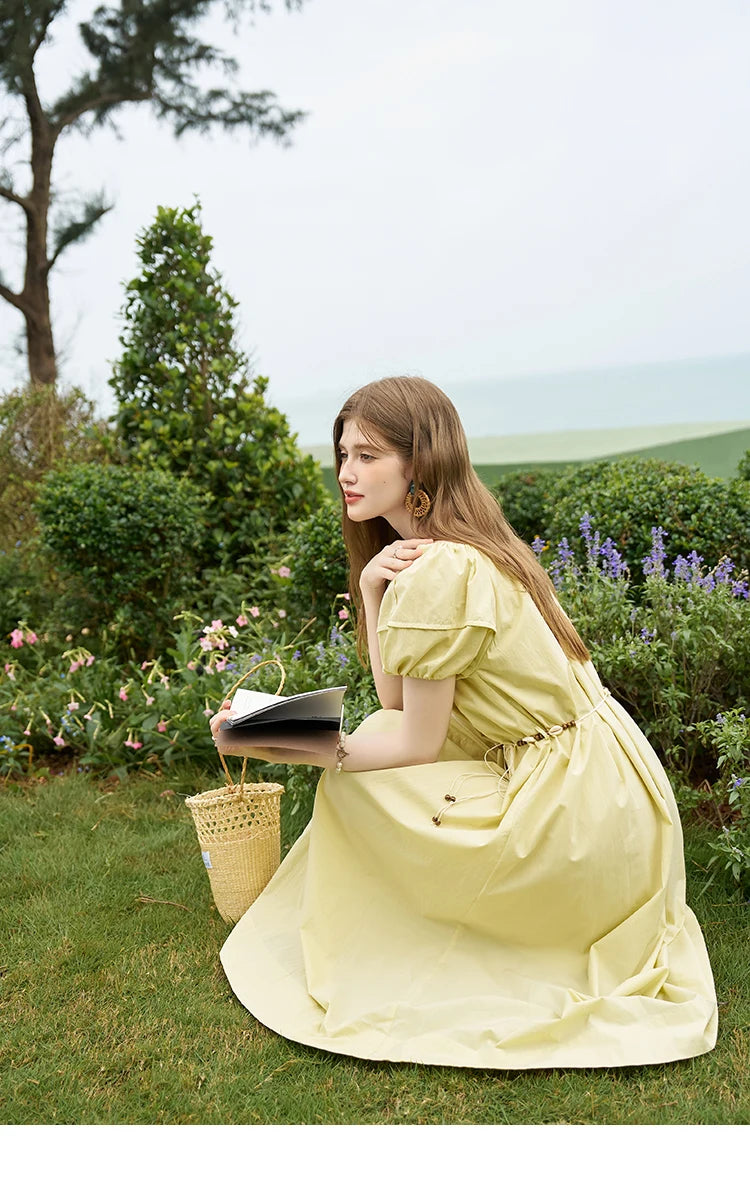 MISHOW 100 Cotton Bohemian Dress 2024 Summer French Elegant Elastic Round Neck Bubble Sleeve Long Dresses with Belt MXD26L1940