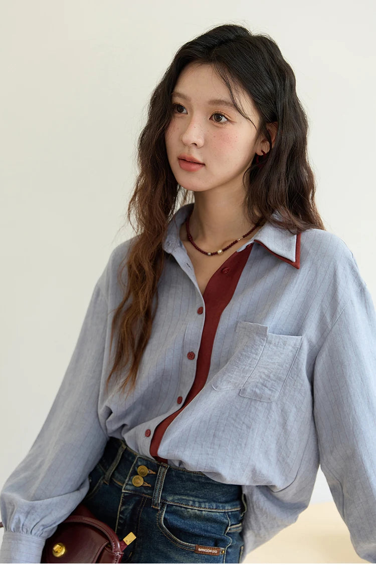 MISHOW Striped Shirt for Women Autumn 2025 Blue Red Splicing Contrasting Color Shirts Laple Loose Retro Commute Top MXE46C2405