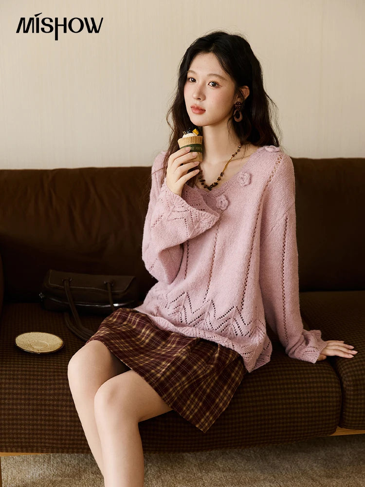 MISHOW Elegant Women's Sweaters 2025 Autumn Purple Hollow Out Wave V-neck Crochet Design Knitted Top Casual Pullovers MXE45Z1391