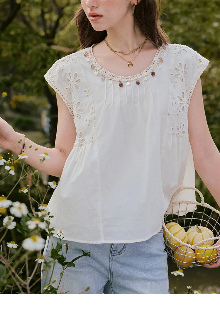 MISHOW French Summer Elegant Blouses Women 2025 Solid Short Flying Sleeve Round Neck Hollow Lace Shirts Woman Fashion MXE33X1778