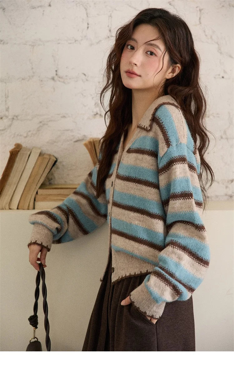 MISHOW Striped Cardigan for Women 2025 Winter Retro Unique Design V-neck Single-breasted Sweater Wool Long Sleeve Top MXE87Z2681