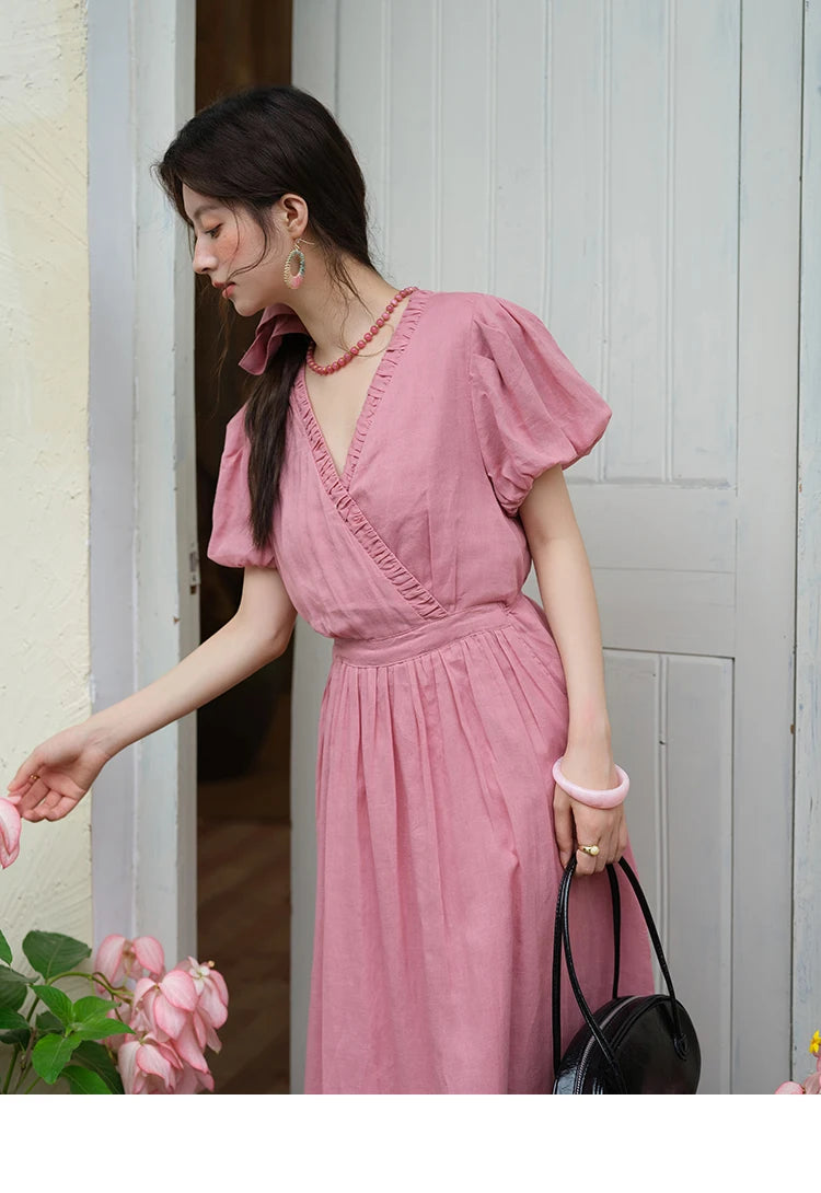 MISHOW Summer Fashion V-neck Dress Woman 2025 New Puff Sleeve Sashes Elegant Pocket Vacation Dresses Ladies Clothing MXE39L2381