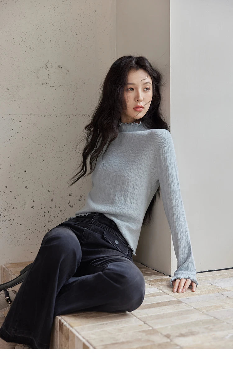 MISHOW Bottom Knitted Sweater Women Ruffled Edge High Collar Long Sleeve 2025 Winter Solid Slim Thin Internal Tops MXD48Z0850