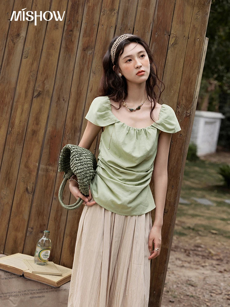 MISHOW French Summer Shirt Women 2025 New Short Flying Sleeve Square Collar Solid Slimming Blouses Female Versatile MXE34X1804