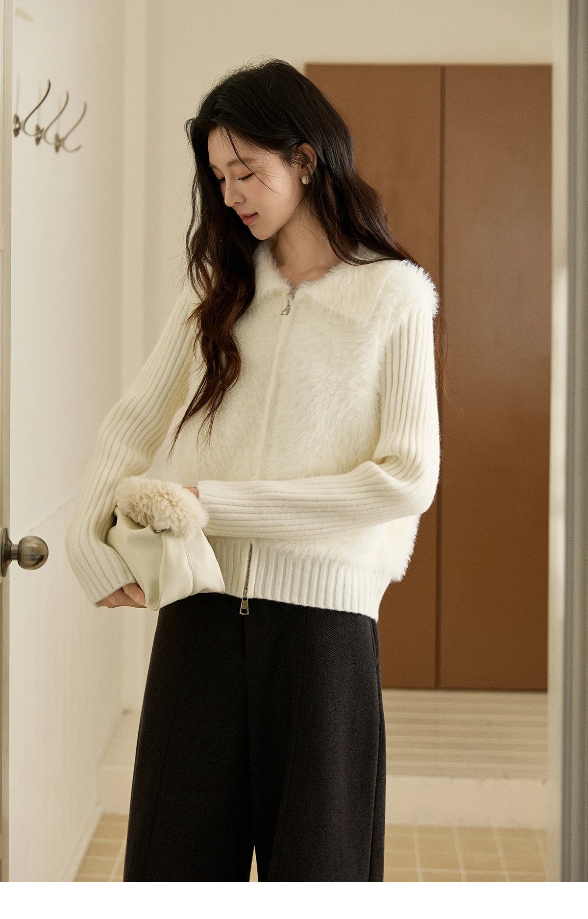 MISHOW Women's White Faux Fur Knit Cardigan 2025 Autumn Winter Fake Two-Piece Zipper Lapel Collar Warm Soft Outerwear MXE94Z2992