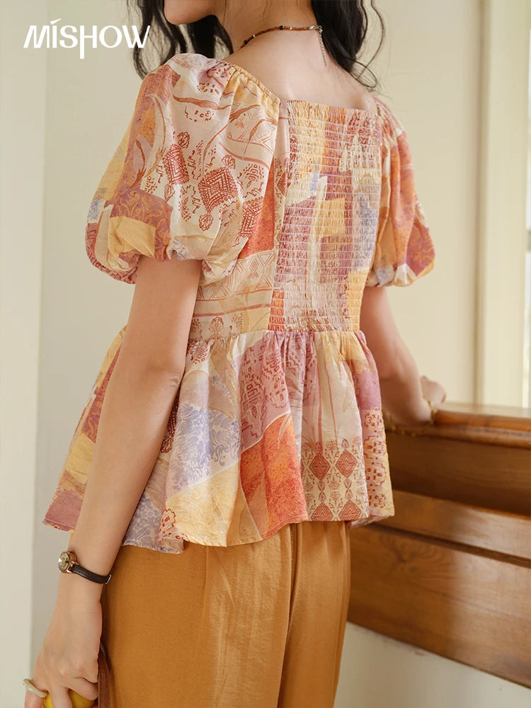 MISHOW V-neck Lace Up Patchwork Blouses for Woman 2025 Summer New Ladies Puff Sleeve Print Loose Top Female Clothing MXE38X1911