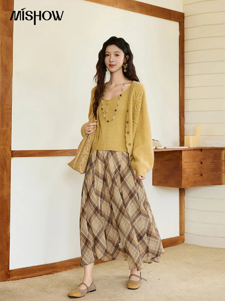 MISHOW Woman Two-piece 2025 Autumn Casual Yellow V-neck Knitted Cardigan Slim Fit Camisole Elegant Commute Top MXE45T0742