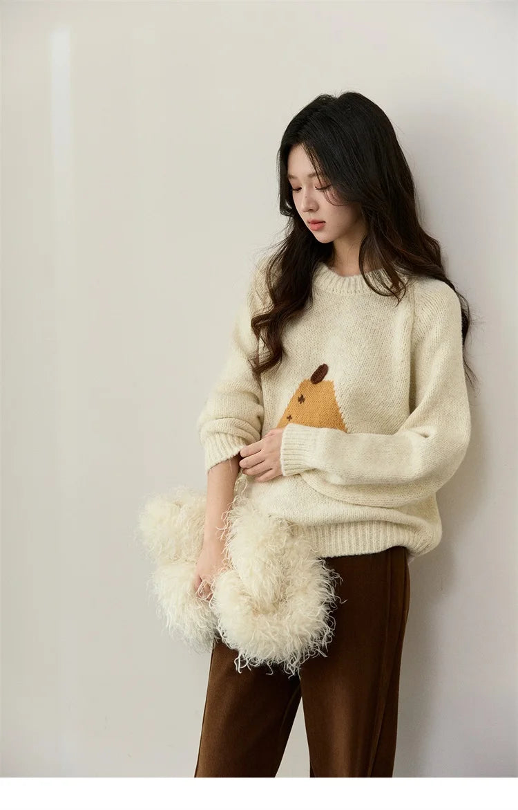 MISHOW Pear Pattern Jacquard Knitted Sweater Autumn Winter Crew Neck Loose Sweaters Wool Blend Warm Pullover Tops MXE94Z2959