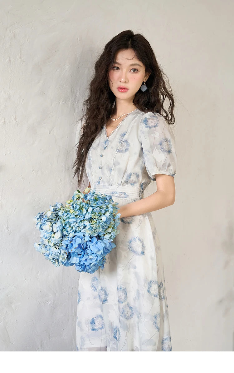 MISHOW 【Taraxacum Series】Chiffon Dress for Women 2023 Summer French Taraxacum Printing V-neck Waist Puff Sleeve Dress MXC39L1555