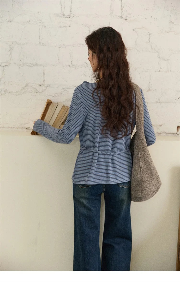 Mishow Retro Crew Neck Tie-Up Striped Top MXE87Z2700