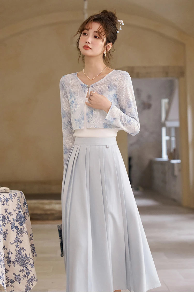 MISHOW Elegant Hollow Out Cardigan Camisole Skirt Separately Spring Lace Printing Short Cardigans Solid Pleated Skirt MXD12W0342