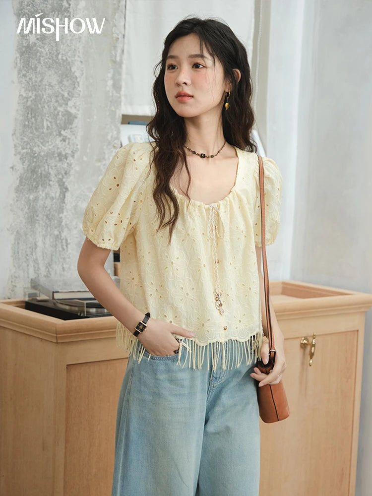 MISHOW Women's Fashion Hollow Out Blouse Summer 2025 Embroidery Puff Sleeve Square Collar Tassel Ladies Casual Top MXE37X1851